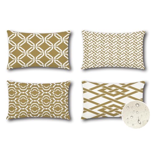 Artscope wasserdichte Kissenbezugen, 4 Stück Geometrisches Khaki Kissenhülle Atmungsaktiv Kissen Fall für Outdoor Balkon Terrasse Patio Garten Bauernhaus Dekor 40 x 60cm (Geometrie 49) von Artscope