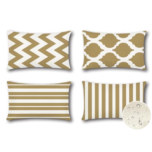 Artscope wasserdichte Kissenbezugen, 4 Stück Geometrisches Khaki Kissenhülle Atmungsaktiv Kissen Fall für Outdoor Balkon Terrasse Patio Garten Bauernhaus Dekor 40 x 60cm (Geometrie 70) von Artscope