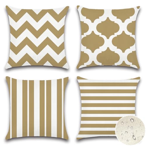 Artscope wasserdichte Kissenbezugen, 4 Stück Geometrisches Khaki Kissenhülle Atmungsaktiv Kissen Fall für Outdoor Balkon Terrasse Patio Garten Bauernhaus Dekor 50 x 50cm (Geometrie 70) von Artscope