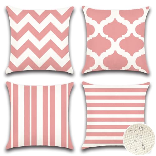 Artscope wasserdichte Kissenbezugen, 4 Stück Geometrisches Rosa Kissenhülle Atmungsaktiv Kissen Fall für Outdoor Balkon Terrasse Patio Garten Bauernhaus Dekor 40 x 40cm (Geometrie 70) von Artscope