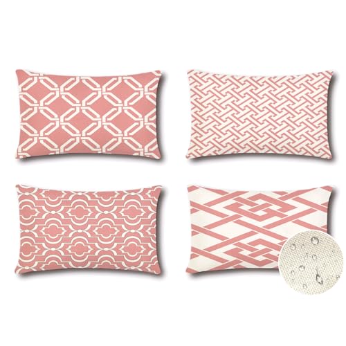 Artscope wasserdichte Kissenbezugen, 4 Stück Geometrisches Rosa Kissenhülle Atmungsaktiv Kissen Fall für Outdoor Balkon Terrasse Patio Garten Bauernhaus Dekor 40 x 60cm (Geometrie 49) von Artscope