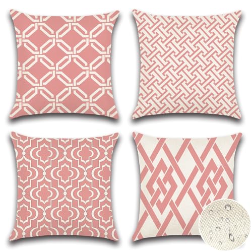Artscope wasserdichte Kissenbezugen, 4 Stück Geometrisches Rosa Kissenhülle Atmungsaktiv Kissen Fall für Outdoor Balkon Terrasse Patio Garten Bauernhaus Dekor 50 x 50cm (Geometrie 49) von Artscope