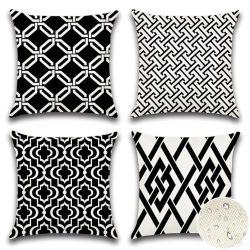 Artscope wasserdichte Kissenbezugen, 4 Stück Geometrisches Schwarz Kissenhülle Atmungsaktiv Kissen Fall für Outdoor Balkon Terrasse Patio Garten Bauernhaus Dekor 40 x 40cm (Geometrie 49) von Artscope