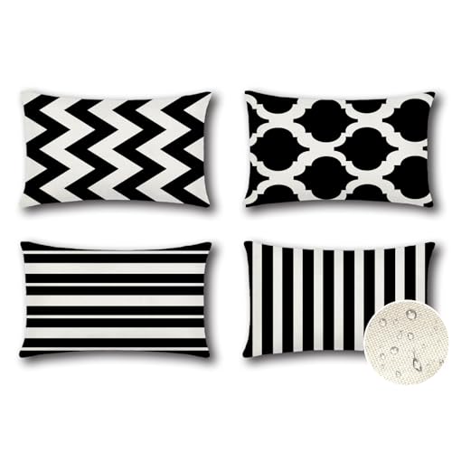 Artscope wasserdichte Kissenbezugen, 4 Stück Geometrisches Schwarz Kissenhülle Atmungsaktiv Kissen Fall für Outdoor Balkon Terrasse Patio Garten Bauernhaus Dekor 40 x 60cm (Geometrie 70) von Artscope
