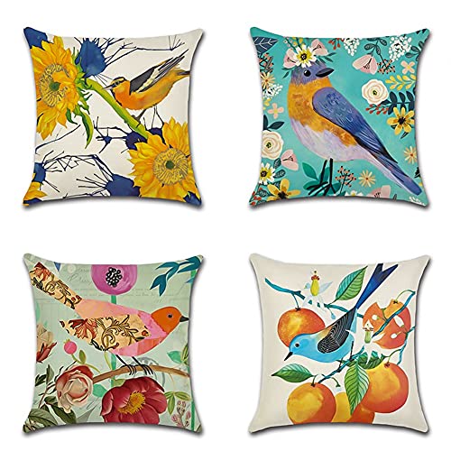 Artscope wasserdichte Kissenbezugen, 4 Stück Retro Blumen und Vögel Kissenhülle Atmungsaktiv Kissen Fall für Outdoor Balkon Terrasse Patio Garten Bauernhaus Dekor 50 x 50cm von Artscope