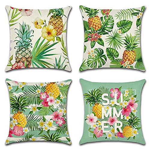 Artscope wasserdichte Kissenbezugen, 4 Stück Tropische Pflanzen und Ananas Kissenhülle Atmungsaktiv Kissen Fall für Outdoor Balkon Terrasse Patio Garten Bauernhaus Dekor 50 x 50cm von Artscope