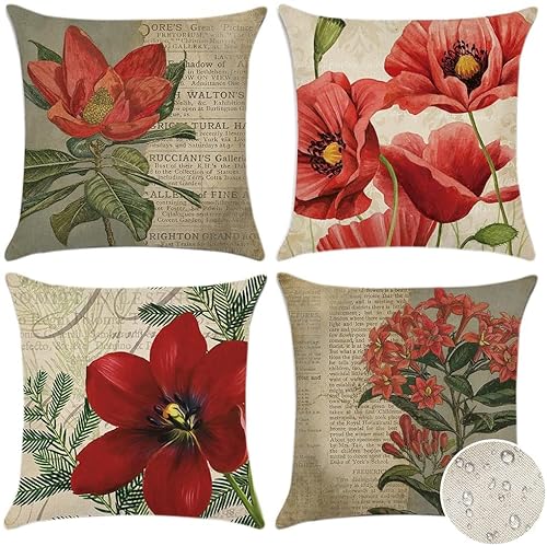 Artscope wasserdichte Kissenbezugen, 4 Stück Vintage Rote Blume Kissenhülle Atmungsaktiv Kissen Fall für Outdoor Balkon Terrasse Patio Garten Bauernhaus Dekor 45 x 45cm von Artscope