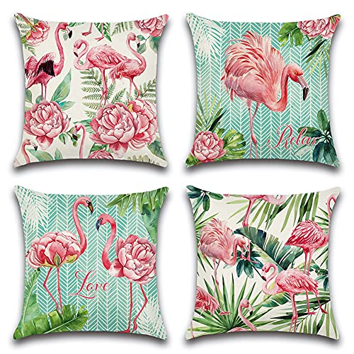 Artscope wasserdichte Kissenbezugen, 4er Set Flamingo und Rosa Blumen Kissenhülle Atmungsaktiv Kissen Fall für Patio Garten Bauernhaus Dekor 45x45CM von Artscope