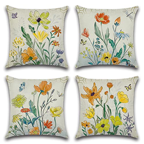 Artscope wasserdichte Kissenbezugen, 4er Set Frühling - Blume Schmetterling Libelle Kissenhülle Atmungsaktiv Kissen Fall für Outdoor Balkon Terrasse Patio Garten Bauernhaus Dekor 45x45CM von Artscope