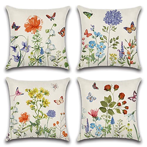 Artscope wasserdichte Kissenbezugen, 4er Set Frühling - Blumen und Schmetterlinge Kissenhülle Atmungsaktiv Kissen Fall für Outdoor Balkon Terrasse Patio Garten Bauernhaus Dekor 45x45CM von Artscope