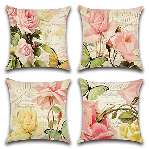 Artscope wasserdichte Kissenbezugen, 4er Set Rosa Rosen und Schmetterlinge Kissenhülle Atmungsaktiv Kissen Fall für Outdoor Balkon Terrasse Patio Garten Bauernhaus Dekor 45x45CM von Artscope