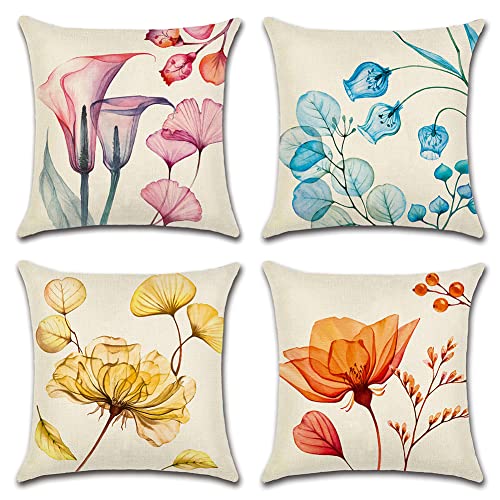 Artscope wasserdichte Kissenbezugen, 4er Set Rosa Blau Gelb Orange Blüten Kissenhülle Atmungsaktiv Kissen Fall für Outdoor Balkon Terrasse Patio Garten Bauernhaus Dekor 45x45CM von Artscope