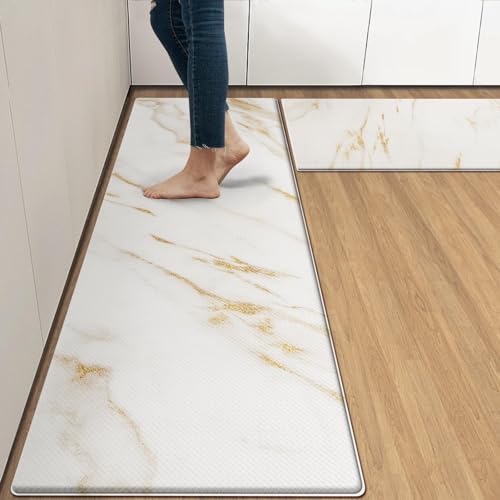 Anti Müdigkeit Küchenteppich 2er Set Marmor Golden Gold Modern Gepolsterte Küche Bodenmatte, Stehmatte Wasserdicht rutschfest Küchenmatten und Teppiche PVC Ergonomischer Komfort Schaum Teppich für von Arttown