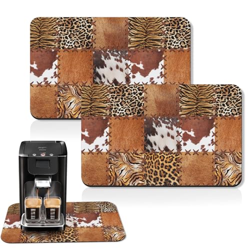 Arttown Kaffeematte für Arbeitsplatten, Kuh, Tiger, Leopard, Patchwork, Tribal-Kunst, Abtropfmatte, 2 Stück, für Küche, Bar, Zubehör, Kaffeemaschine, Espressomaschine, Geschirrständer, Flecken, Gummi von Arttown