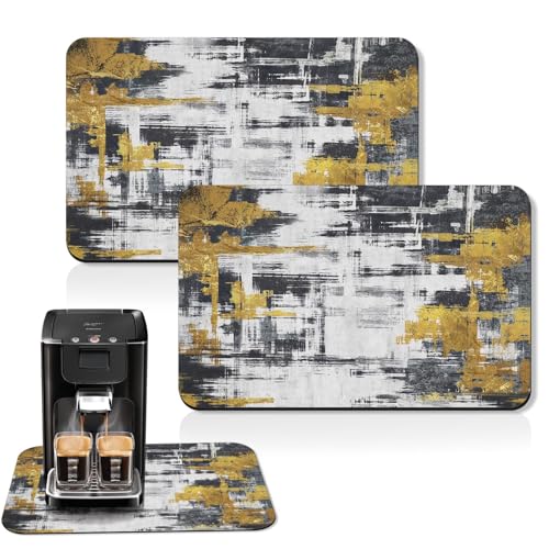 Arttown Kaffeematte für Arbeitsplatten, abstraktes schwarzes goldenes Minimalismus, Grau, Abtropfmatte, 2 Stück, für Küche, Bar, Zubehör, Kaffeemaschine, Espressomaschine, Geschirrständer, Flecken von Arttown