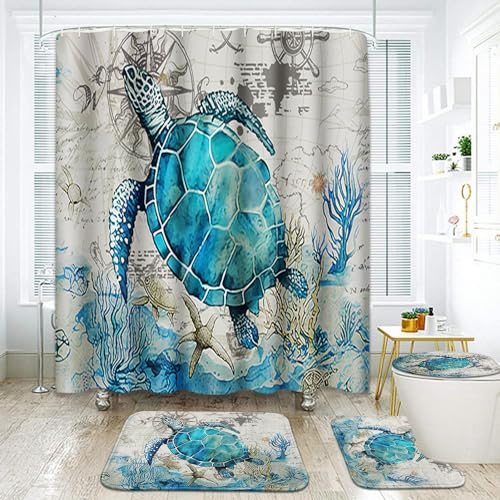 Arttown Marineblaues Badezimmer-Set mit Duschvorhang und Teppichen und Zubehör, Schildkröten-Duschvorhang-Sets, blaue und graue Duschvorhänge für Badezimmer, nautische Badezimmer-Dekoration, 4-teilig von Arttown