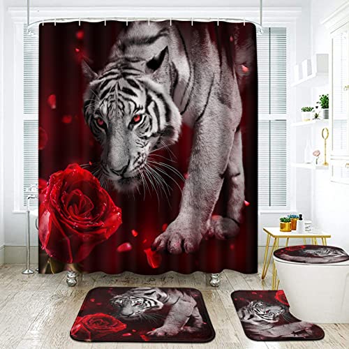 Arttown Rote Badezimmer-Sets mit Duschvorhang und Teppichen und Zubehör, Rosen-Duschvorhang-Sets, Tiger-Duschvorhänge für Badezimmer, rote Badezimmer-Dekoration, 4-teilig von Arttown