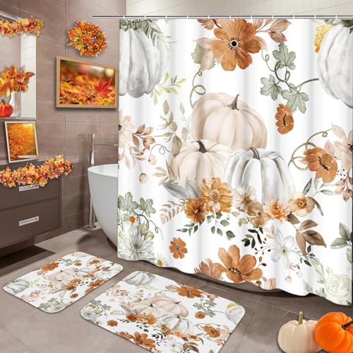 Arttown Rustikales Badezimmer-Set mit Duschvorhang und Teppichen und Zubehör, Blumen-Herbst-Duschvorhang-Sets für Badezimmer, Badezimmer, Dekoration, 3-teilig Arttown Rustikales Badezimmer-Set mit Duschvorhang und Teppichen und Zubehör, Blumen-Herbst-Duschvorhang-Sets für Badezimmer, Badezimmer, Dekoration, 3-teilig von Arttown