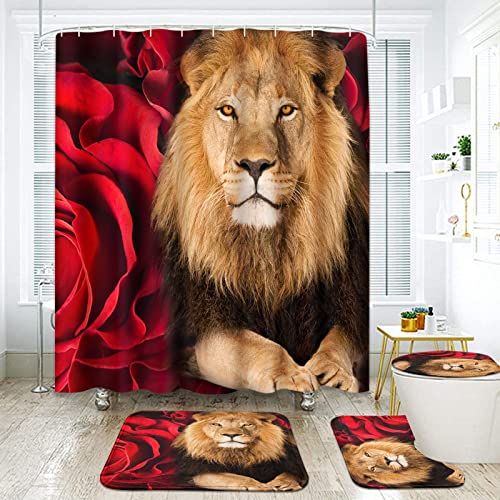 Badezimmer-Set mit rotem Rosenmotiv, Duschvorhang und Teppichen und Zubehör, Löwen-Duschvorhang-Sets, rote Duschvorhänge für Badezimmer, Löwen-Badezimmer-Dekor, 4-teilig von Arttown