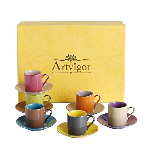 Artvigor, Porzellan Kaffeeservice, 12 TLG. Kaffeetassen Set, mit 6 Espressotassen 80 ml, 6 Untertassen, Mehrfarbig von Artvigor