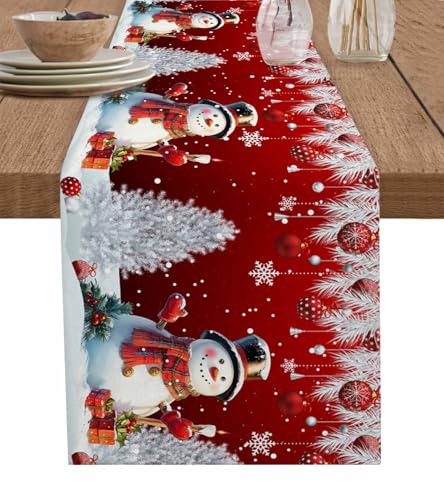 Weihnachtstischläufer, Schneemann, silberfarbene Zedernblätter, Winterschneeflocken, hängende Kugeln, Baumwollleinen, Tischläufer, Weihnachtsdekoration, 33 x 274,3 cm, Rot Weihnachtstischläufer, Schneemann, silberfarbene Zedernblätter, Winterschneeflocken, hängende Kugeln, Baumwollleinen, Tischläufer, Weihnachtsdekoration, 33 x 274,3 cm, Rot von Artwork Store
