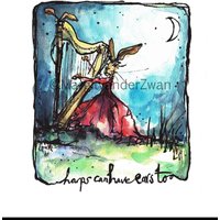 Harfe Hase | Kunstdruck Original-Illustration Handgefertigt in Großbritannien Musik Geschenk Musiker Der Mond Einer Mondlandschaft von ArtyMargit
