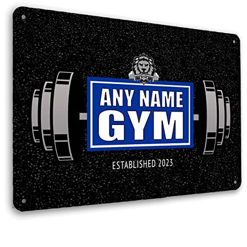 Personalisiertes Home Gym Schild Fitnessraum Löwe Metallschild Motivationszitat (blau) von Artylicious