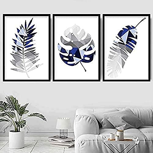 Artze Wall Art Geometrische tropische Blätter Kunstdrucke, 3-teiliges Set, 30 cm Breite x 40 cm Höhe, Marineblau/Grau von Artze Wall Art