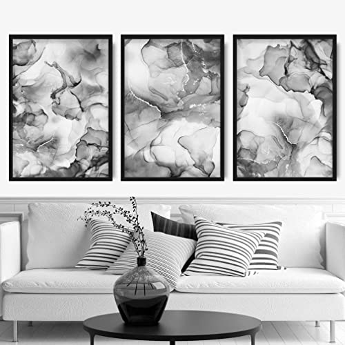 Artze Wall Art Abstrakte Blumen Kunstdrucke 3-teilig 30 cm Breite x 40 cm Höhe schwarz grau weiß von Artze Wall Art