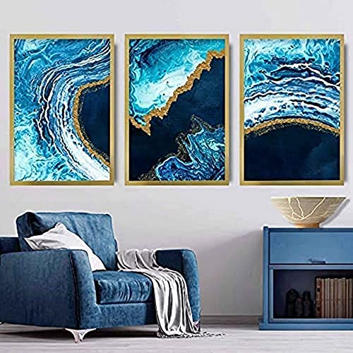 Artze Wall Art Abstrakte Flüssigkeit Kunstdrucke 3-teiliges Set, 50 cm Breite x 70 cm Höhe, Marineblau/Gold von Artze Wall Art