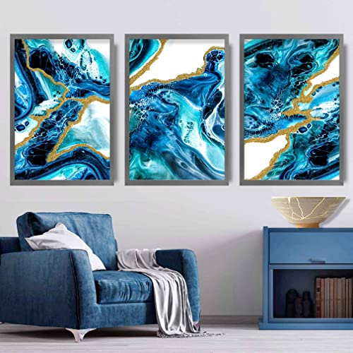 Artze Wall Art Abstrakte Fluid Kunstdrucke, 3-teiliges Set, 30 cm Breite x 40 cm Höhe, Blau/Gold von Artze Wall Art