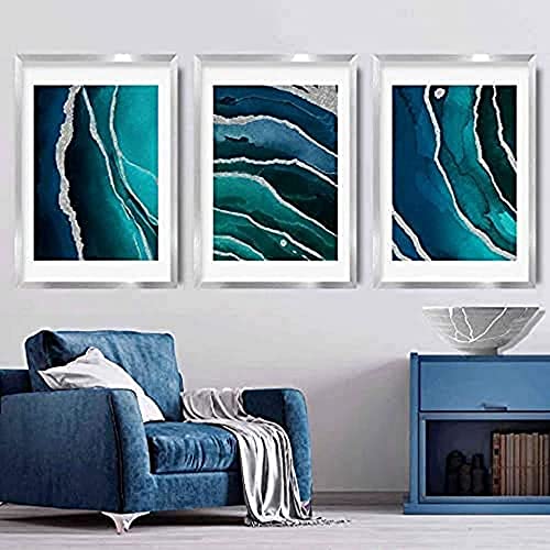 Artze Wall Art Abstrakte Kunstdrucke 3-teiliges Set, 40 cm Breite x 50 cm Höhe, blau/silber von Artze Wall Art