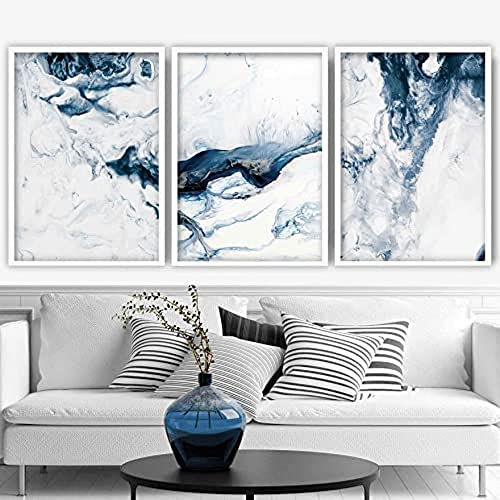 Artze Wall Art Abstrakte Ozean Kunstdrucke 3-teiliges Set, 30 cm Breite x 40 cm Höhe, marineblau/weiß von Artze Wall Art