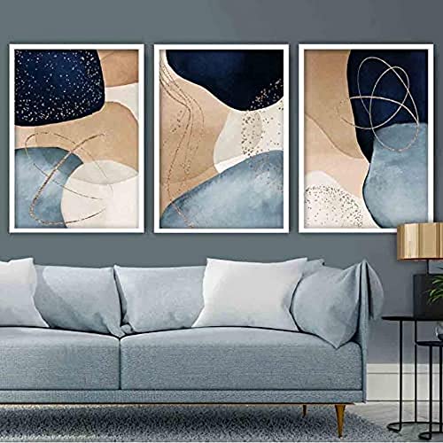 Artze Wall Art Abstrakter Kunstdruck 3-teilig 30cm Breite 40cm Höhe Marineblau Beige Gold von Artze Wall Art