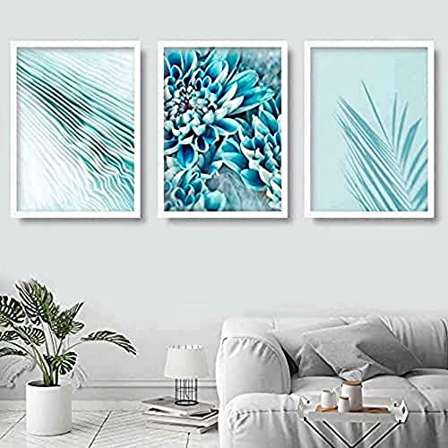 Artze Wall Art Abstrakter Kunstdruck Botanische Blumen 3-teiliges Set, 30 cm Breite x 40 cm Höhe, Aqua Türkis/Blau von Artze Wall Art
