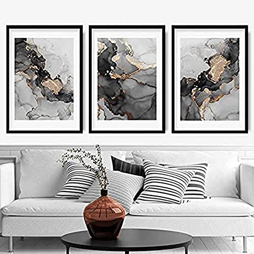 Artze Wall Art Abstrakter Kunstdruck Gemälde 3-teiliges Set, 30 cm Breite x 40 cm Höhe, Schwarz/Grau/Gold von Artze Wall Art