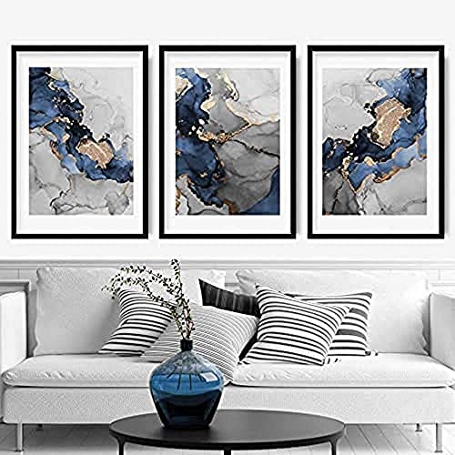 Artze Wall Art Abstrakter Kunstdruck Gemälde 3-teilig 40cm Breite x 50cm Höhe Marineblau Grau Gold von Artze Wall Art