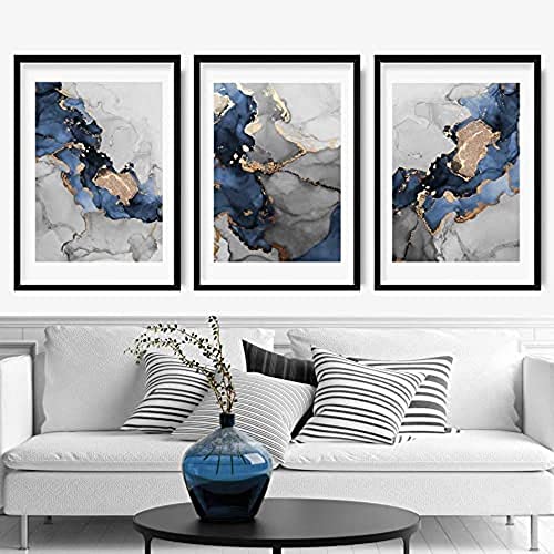 Artze Wall Art Abstrakter Kunstdruck auf Gemälde, 3-teiliges Set, 30 cm Breite x 40 cm Höhe, Marineblau/Grau/Gold von Artze Wall Art