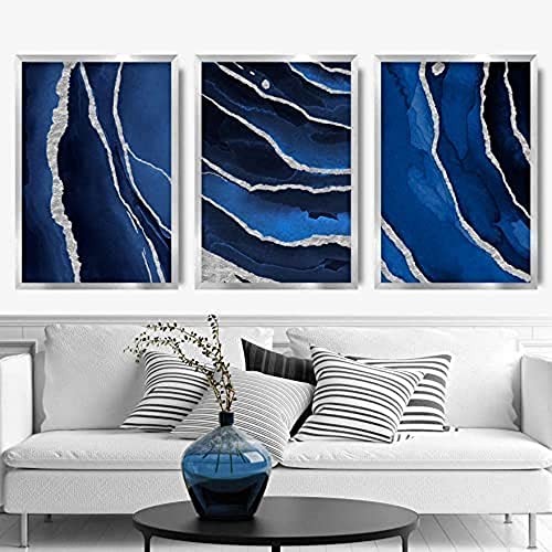 Artze Wall Art Abstraktes Kunstwerk, 3-teiliges Set, 30 cm Breite x 40 cm Höhe, marineblau/silber von Artze Wall Art