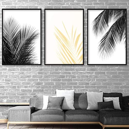 Artze Wall Art Botanical Palm Farn Leaves Kunstdrucke 3-teilig 30cm Breite x 40cm Höhe Schwarz/Gelb von Artze Wall Art