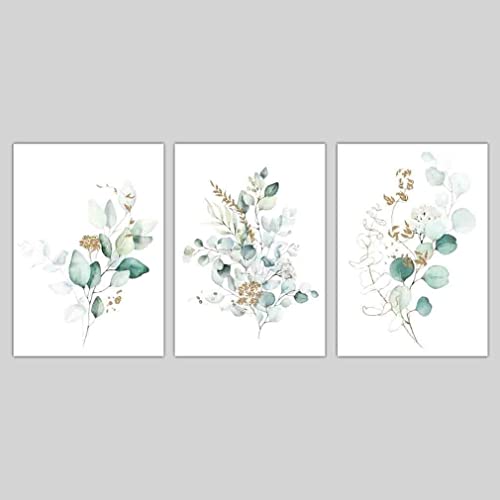 Artze Wall Art Botanischer Eukalyptus Drucke, 3-teilig, 30 cm Breite x 40 cm Höhe, Blau Grün/Gold von Artze Wall Art