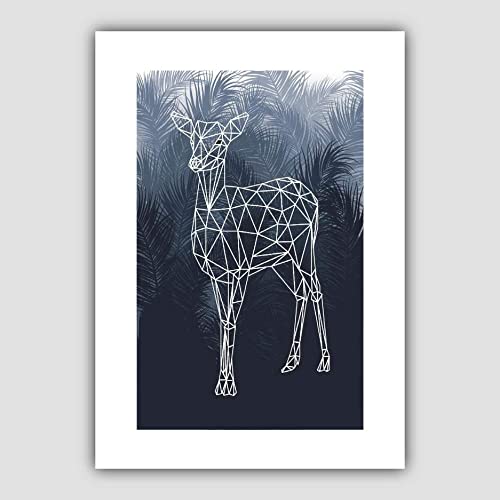 Artze Wall Art Deer Doe mit Palmblättern, geometrischer Kunstdruck, A3-Format, Marineblau von Artze Wall Art