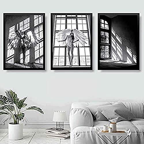 Artze Wall Art Fashion Woman Angel Wings Window Shadow Monochrome Photo Gallery Wall Art Print Picture Poster 3-teiliges Set, 30cm Breite x 40cm Höhe, Schwarz/Weiß von Artze Wall Art