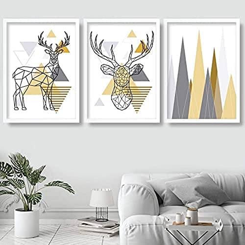 Artze Wall Art Geometrische Dreiecke und Poly Line Hirsch mit Bergen Kunstdruck 3-teilig 30cm Breite x 40cm Höhe gelb grau von Artze Wall Art