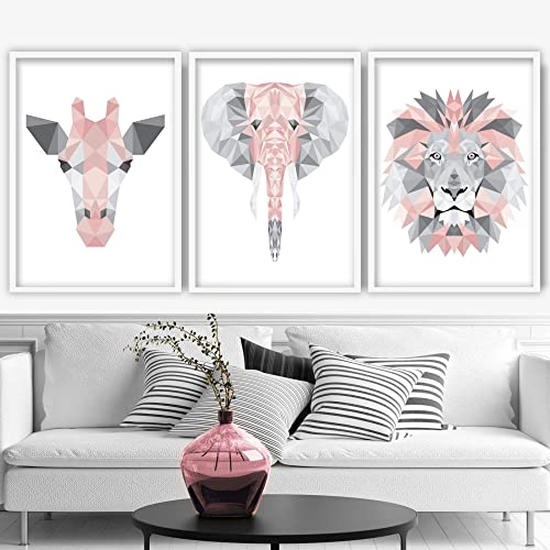 Artze Wall Art Geometrische Dschungelköpfe Giraffe Löwe Elefant Kunstdrucke 3-teiliges Set, 21 cm Breite x 30 cm Höhe, Blush Pink/Grau von Artze Wall Art