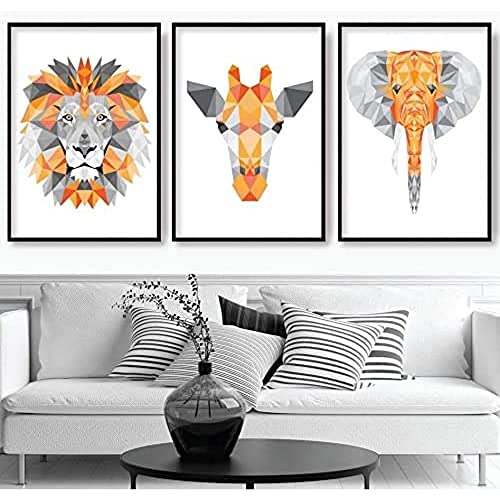 Artze Wall Art Geometrische Dschungelköpfe Giraffe Löwe Elefant Kunstdrucke 3-teiliges Set, 21 cm Breite x 30 cm Höhe, Orange/Grau von Artze Wall Art