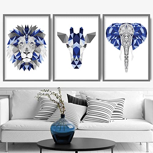 Artze Wall Art Geometrische Dschungelköpfe, Giraffe, Löwe, Elefant, Kunstdrucke, 3-teiliges Set, 40 cm Breite x 50 cm Höhe, Blau/Grau von Artze Wall Art