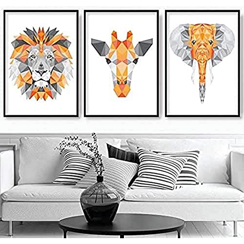 Artze Wall Art Geometrische Dschungelköpfe Giraffe Löwe Elefant Kunstdrucke 3-teiliges Set 30cm Breite x 40cm Höhe Orange/Grau von Artze Wall Art