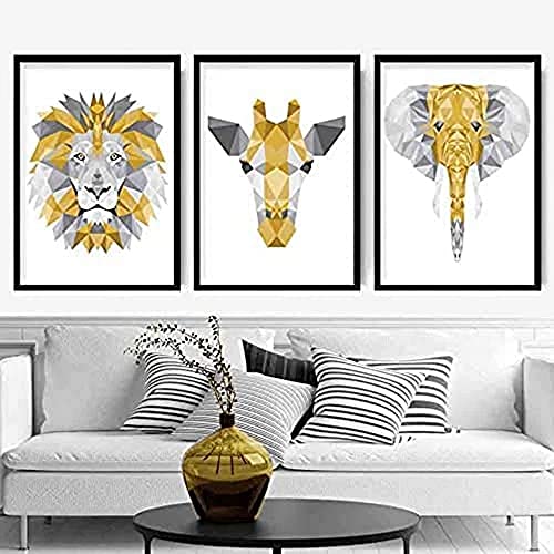 Artze Wall Art Geometrische Dschungelköpfe Giraffe Löwe Elefant Kunstdrucke 3-teilig 21cm Breite x 30cm Höhe Gelb Grau von Artze Wall Art