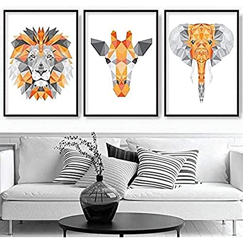 Artze Wall Art Geometrische Dschungelköpfe Giraffe Löwe Elefant Kunstdrucke 3-teilig 40cm Breite x 50cm Höhe Orange/Grau von Artze Wall Art